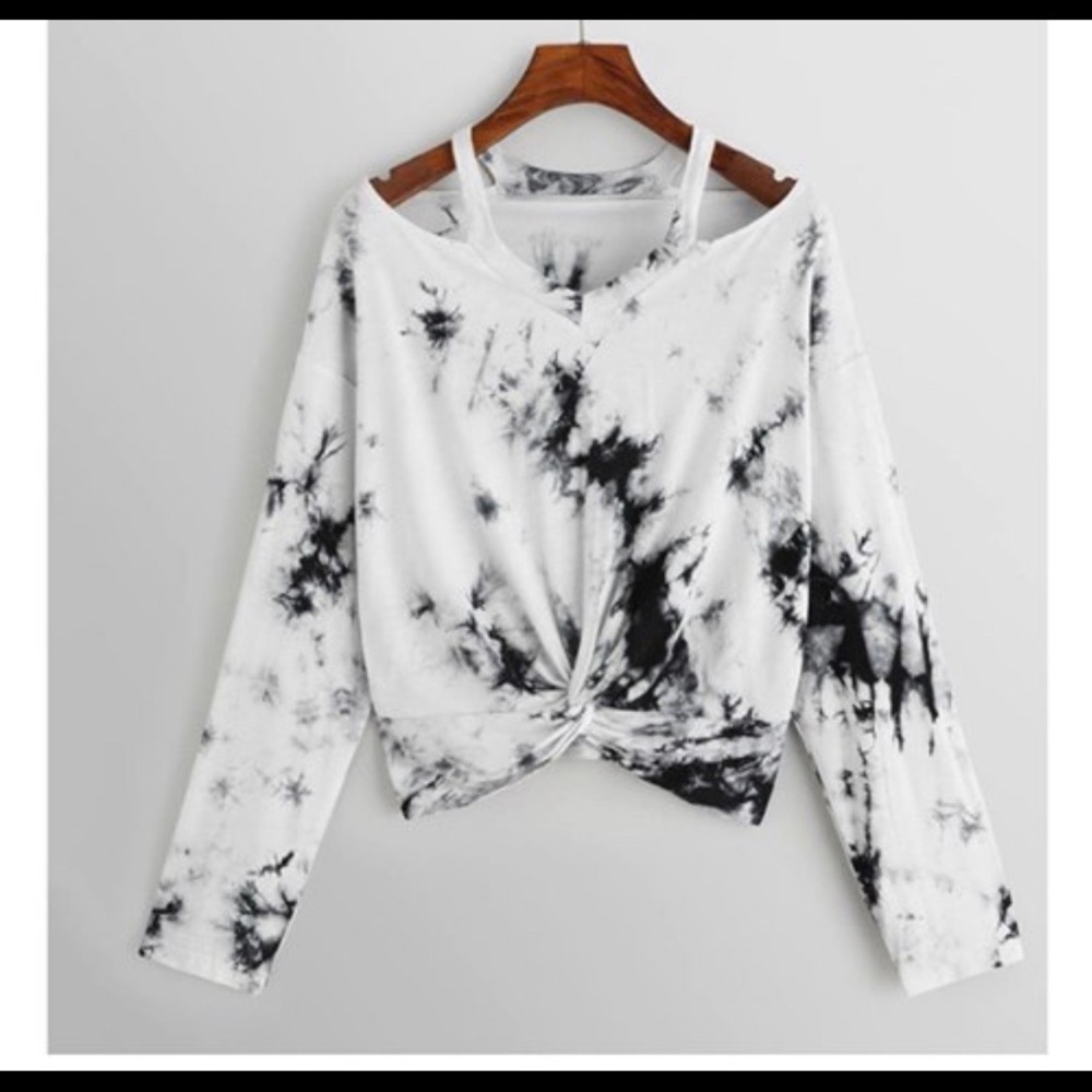 Long sleeve crop top, black acid wash. Brand new